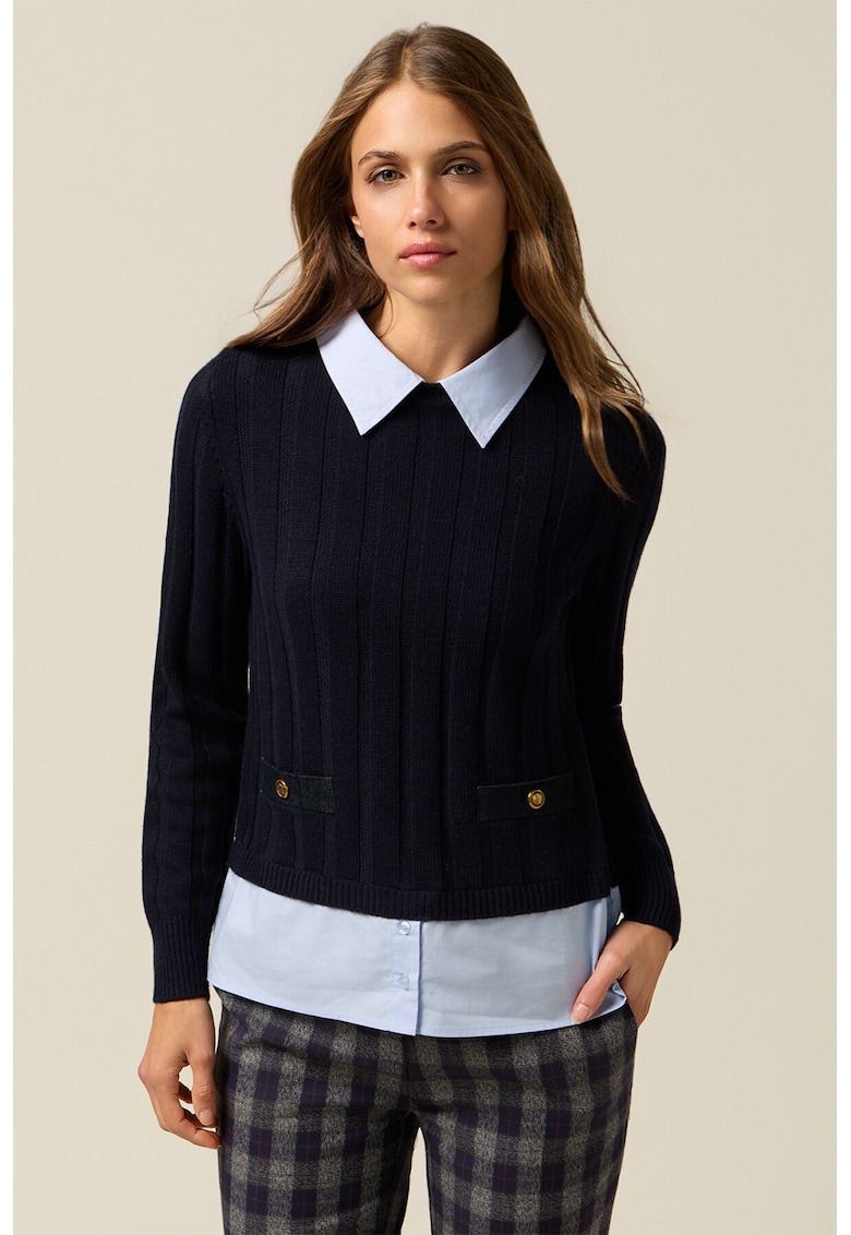 Pulover din amestec de lana cu decolteu la baza gatului - Albastru ultramarin/Albastru deschis