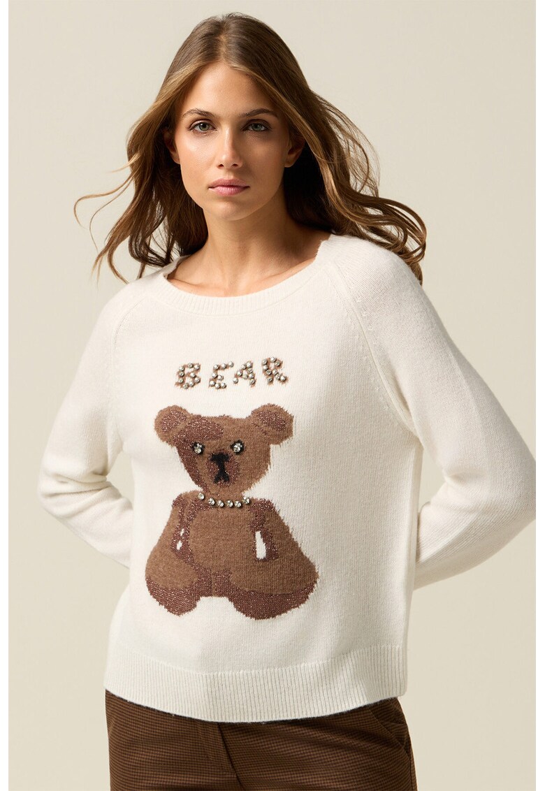 Pulover din amestec de lana cu model ursulet - Alb/Maro inchis