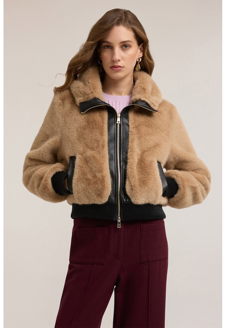 Geaca din blana sintetica cu fermoar - Maro inchis/Maro camel