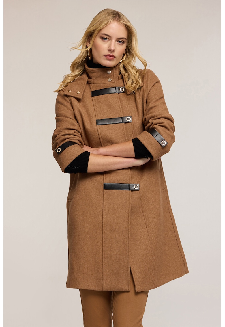 Palton din amestec de lana cu gluga si garnituri din piele sintetica