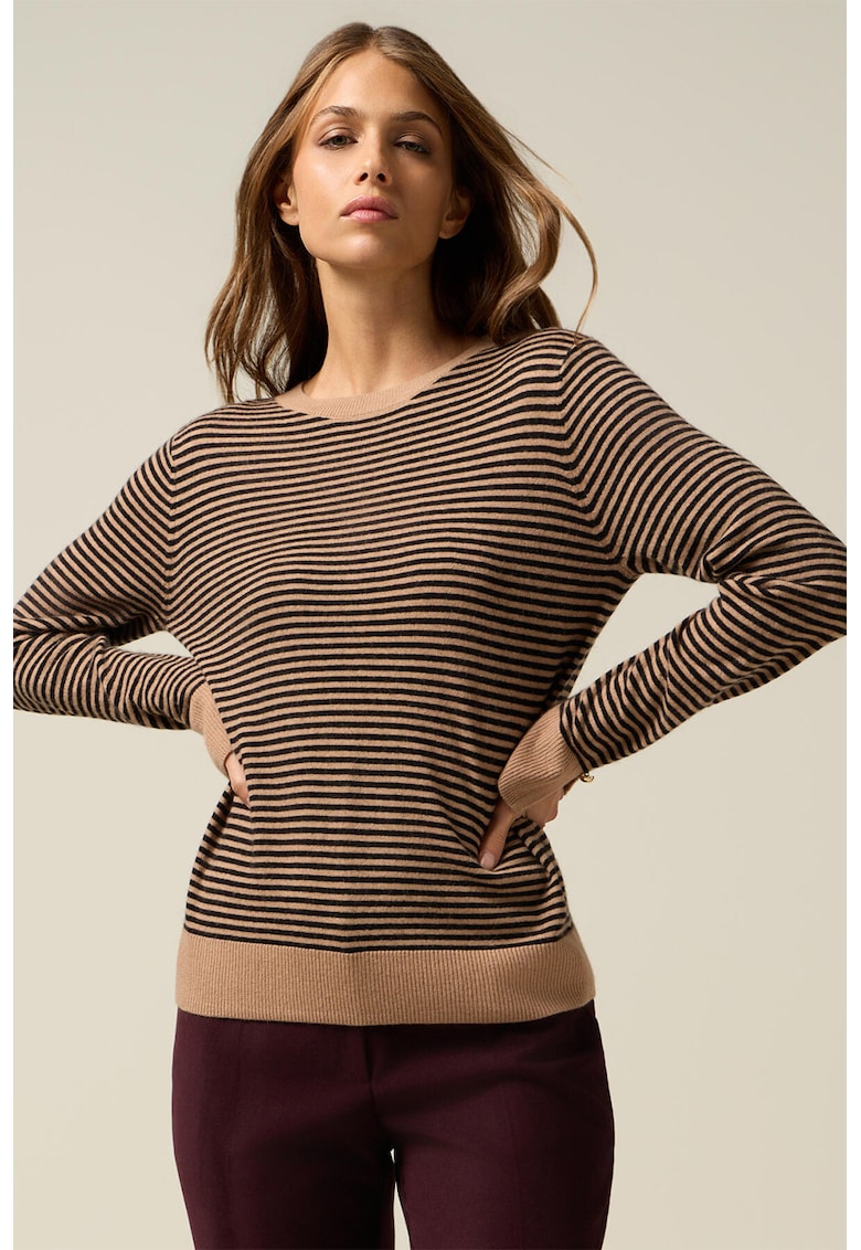 Pulover din amestec de lana cu model in dungi si mansete cu slit