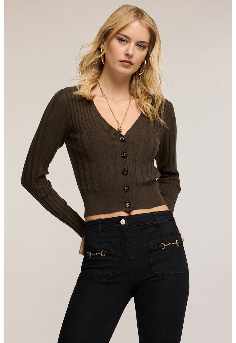 Cardigan crop striat - Maro inchis