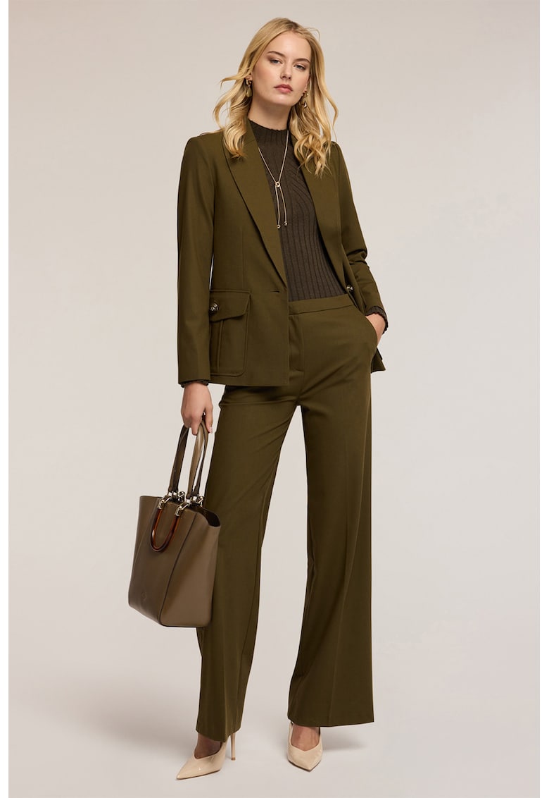 Pantaloni uni relaxed fit cu pense - Kaki inchis