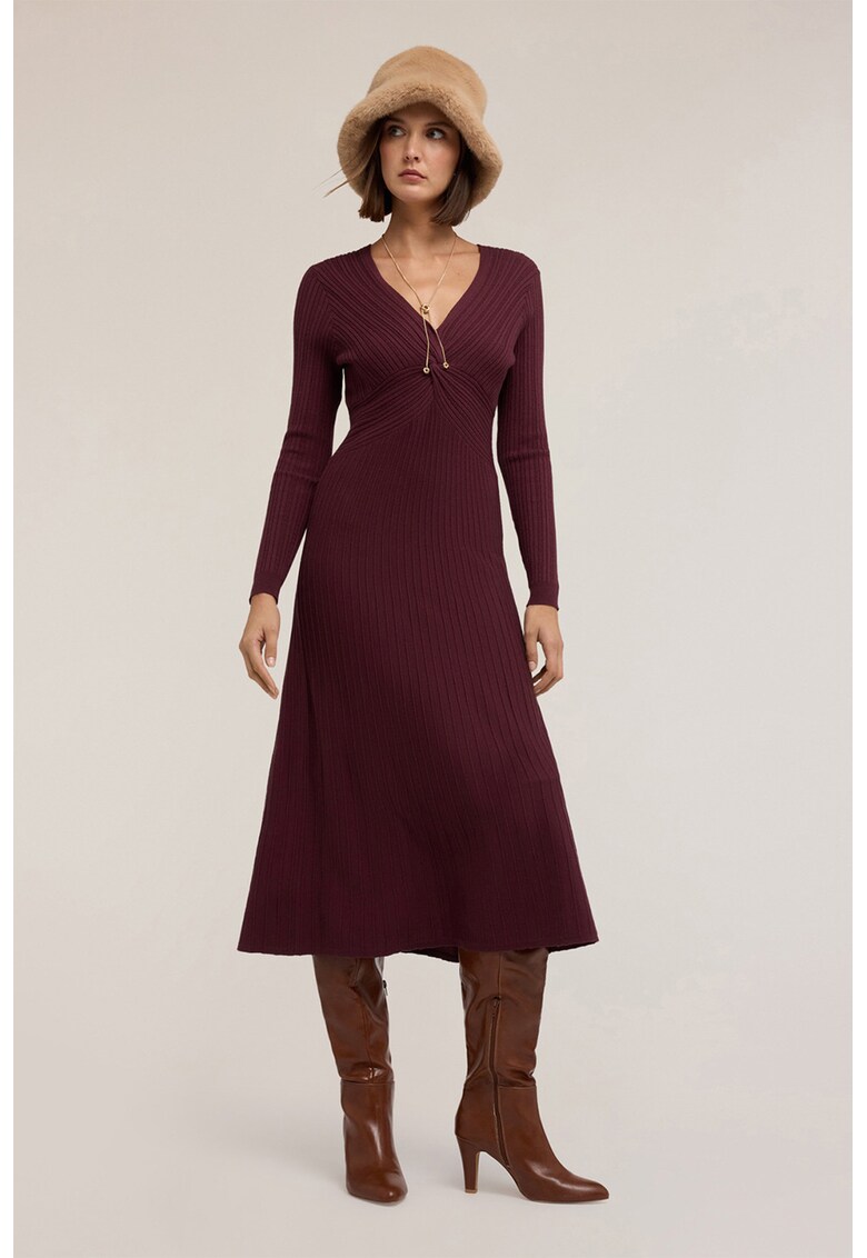 Rochie striata cu decolteu in V - Violet tyrian