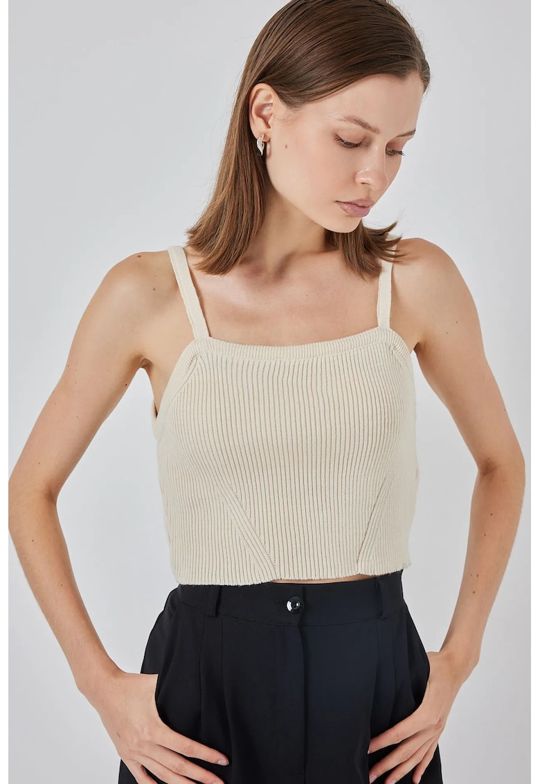Bluza dama - Crop Top - guler patrat - tricot - Crema naturala -