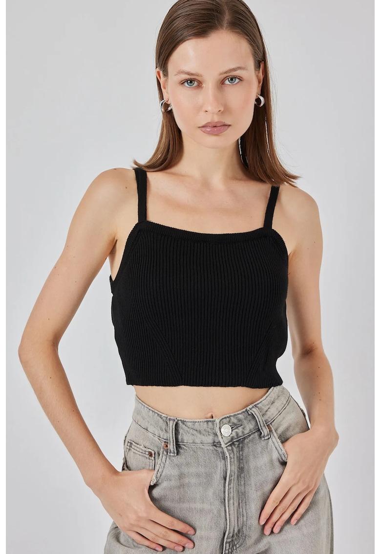 Crop top dama - Crop Top - Guler Patrat - Tricot - Negru -
