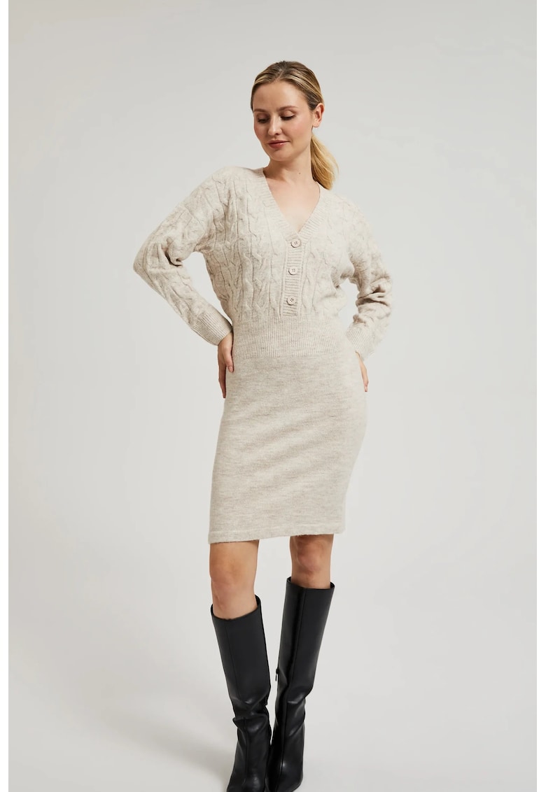 Rochie Tricotata Bej Decorata cu Butoane - Gri