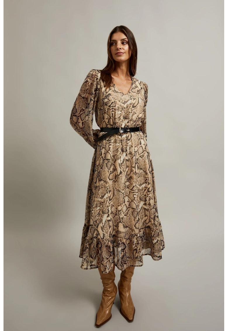 Rochie cu maneci bufante si imprimeu animalier bej - Gri
