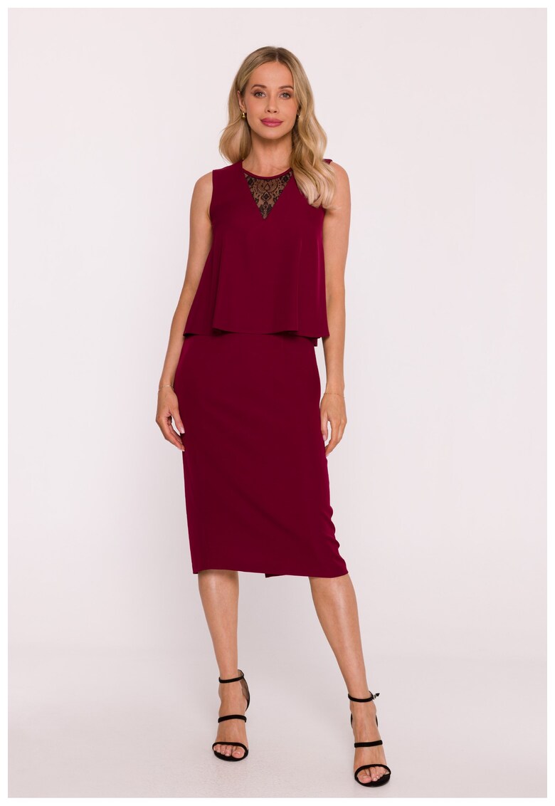 Rochie eleganta cu top dublu si insertie de dantela - burgundy