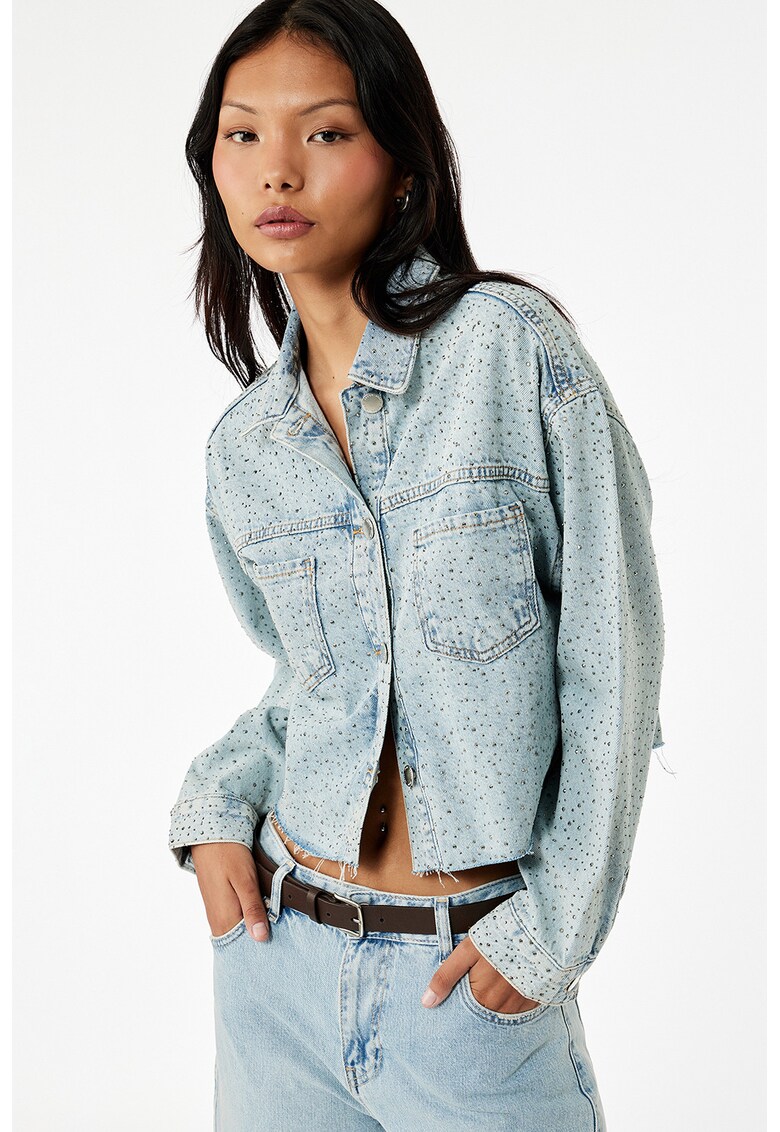 Jacheta crop din denim cu strasuri