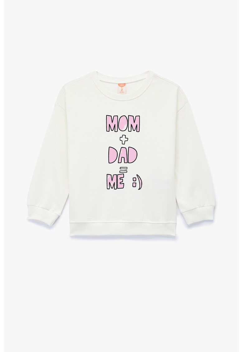 Bluza de trening cu decolteu la baza gatului si imprimeu text - Alb/Roz