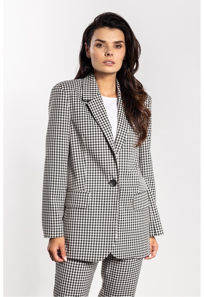 Sacou cu imprimeu in carouri si revere decupate -