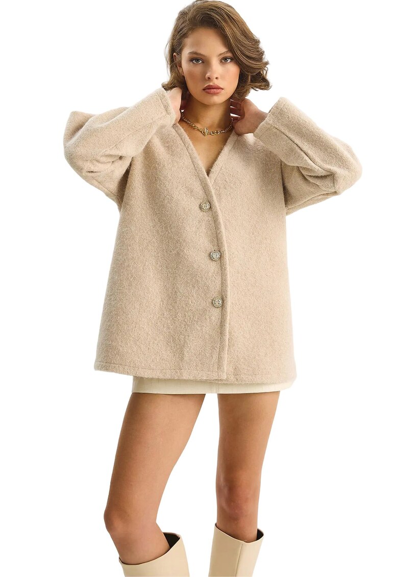 Cardigan dama - Ecru - Textil - Decolteu in V