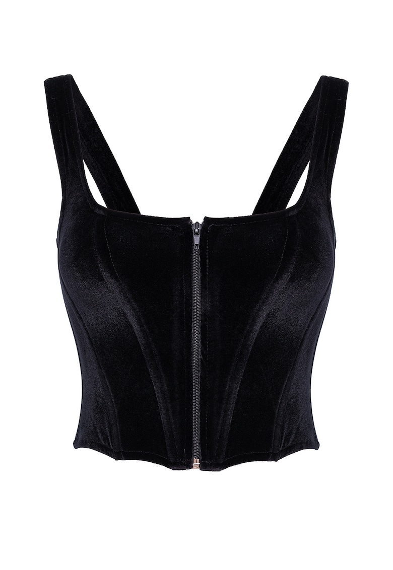 Top crop catifelat cu inchidere cu fermoar