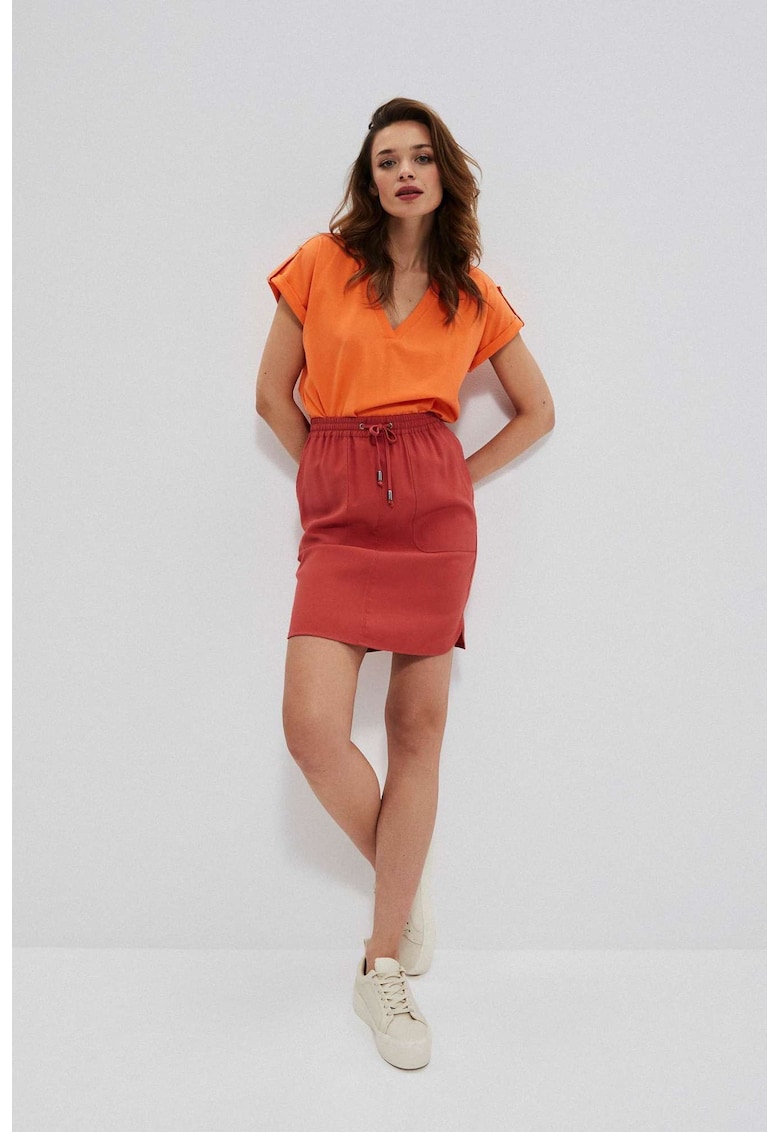 Bluza din bumbac cu decolteu in V culoarea somon - Portocaliu