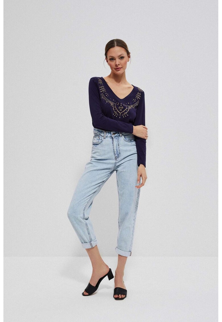 Bluza din bumbac cu strasuri - Bleumarin