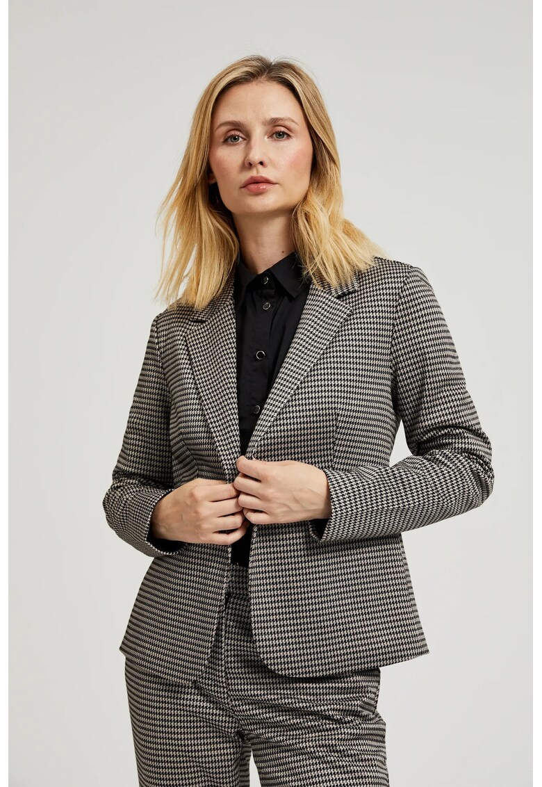 Sacou bej cu un singur nasture si imprimeu houndstooth - Bej