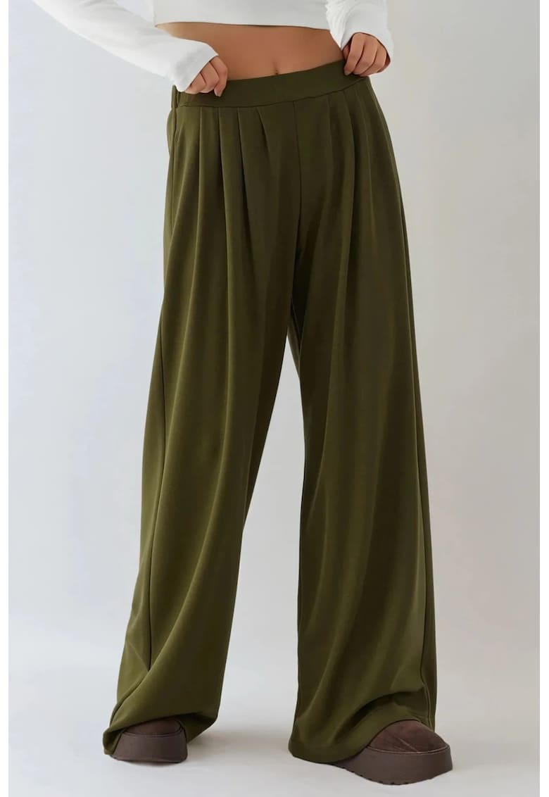 Pantaloni dama - plisati - picior larg - verde - poliester