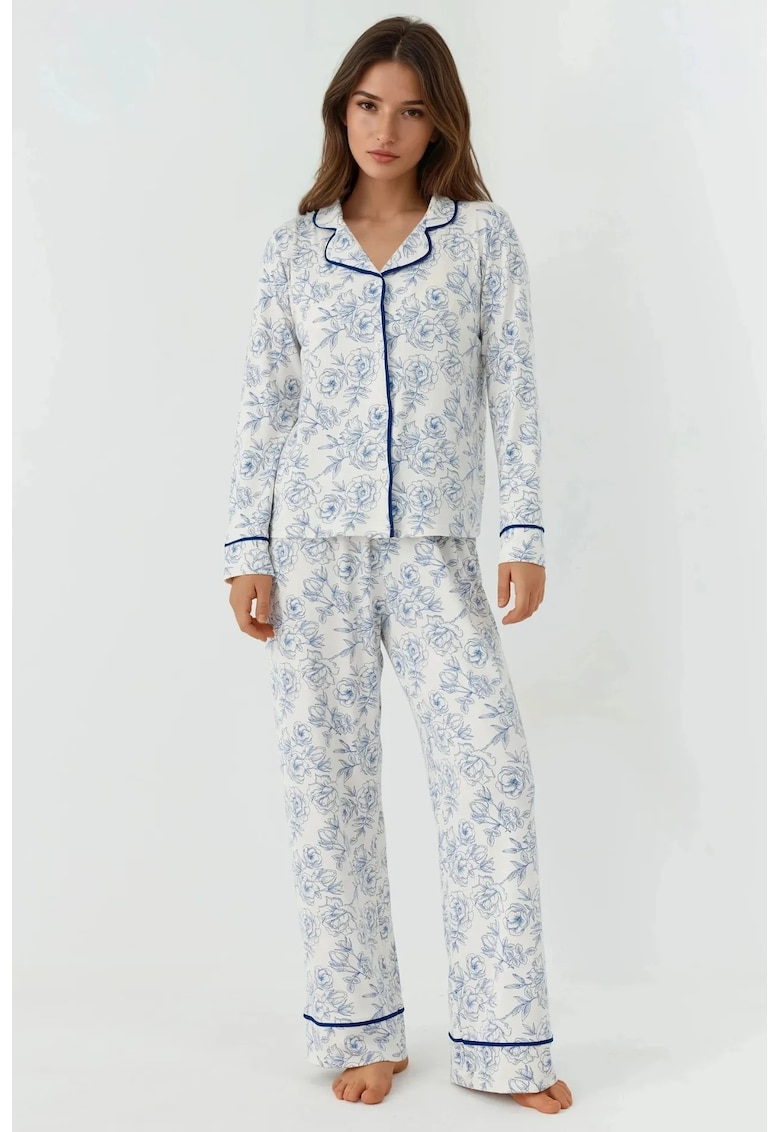 Pijama dama loungewear cu maneca lunga - imprimeu floral - extra moale - alb albastru - jerseu