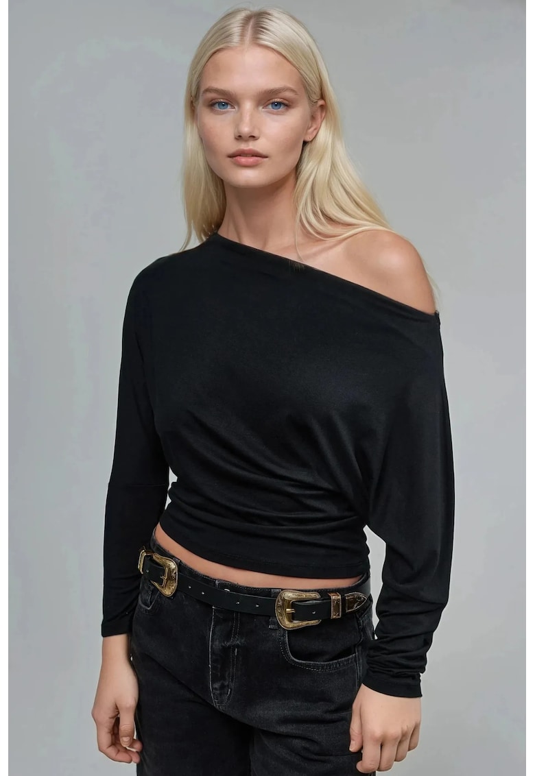 Tricou dama - tricotat elastic - maneca lunga - negru - jerseu