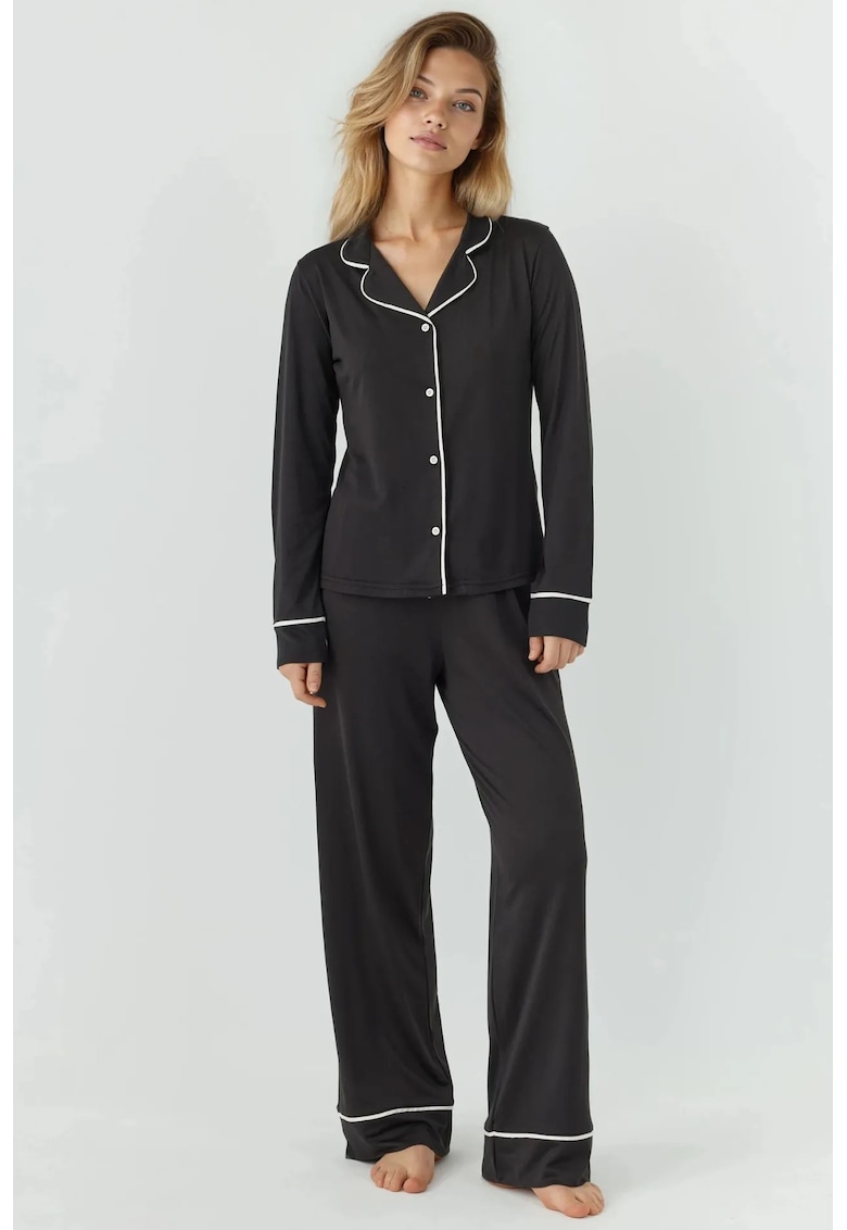 Pijamale dama relaxat - maneca lunga - negru - jerseu