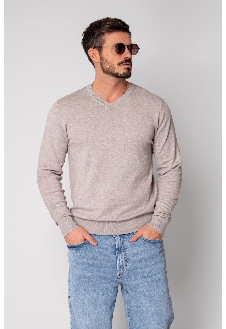 Pulover cu V cut Taupe 19086 - Bej