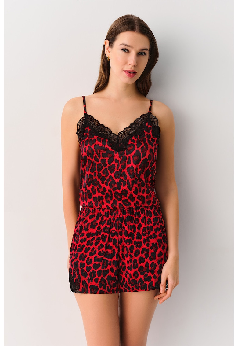 Pantaloni scurti de pijama cu model animal print si insertii din dantela