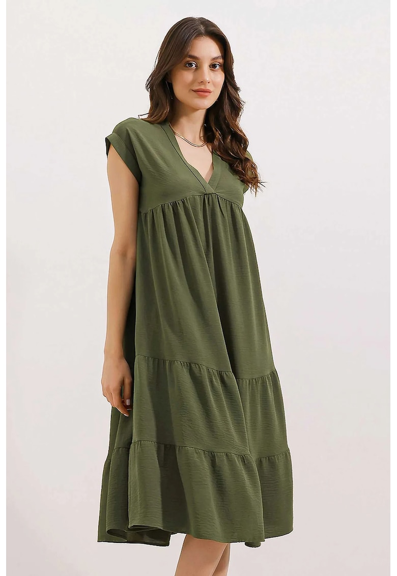 Rochie Midi HiCCUP - decolteu in V - volane - kaki - textil