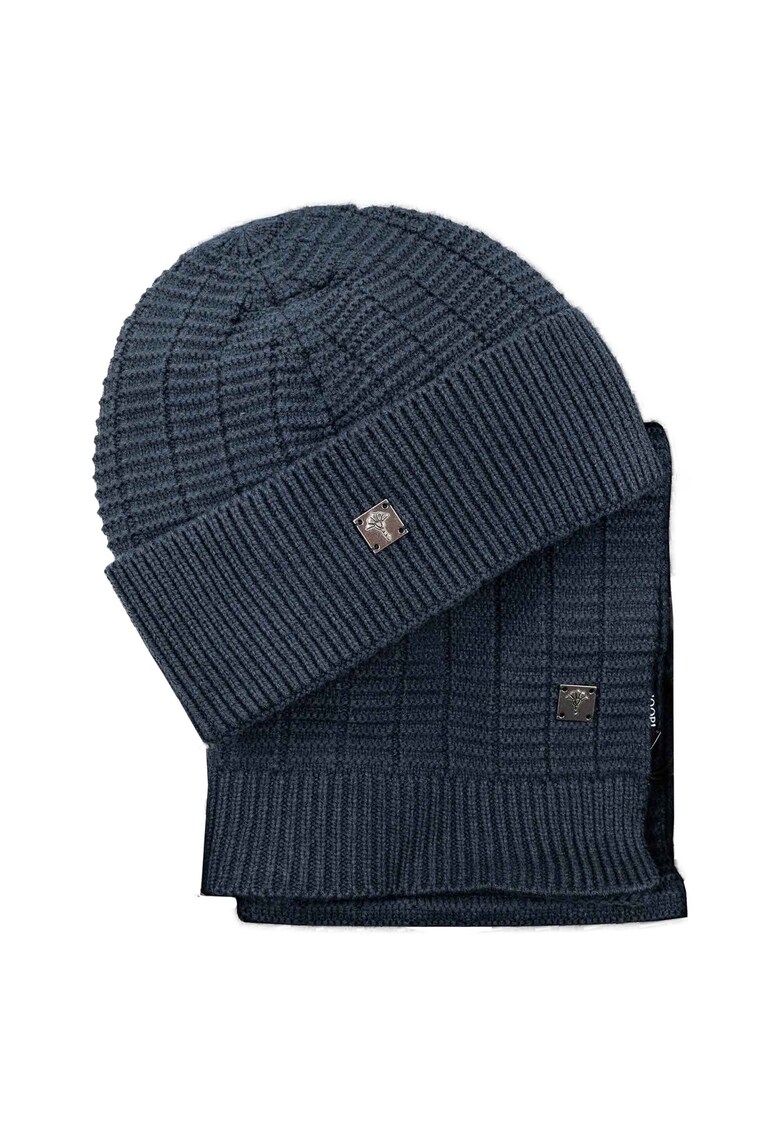 Set de caciula din amestec de lana si fular - 2 piese - Albastru inchis