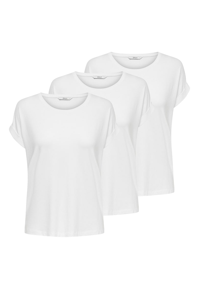 Only Set de tricouri cu model uni si decolteu la baza gatului - 3 piese - Alb