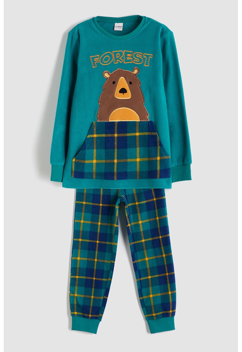 Pijama lunga cu model si buzunar kangaroo - Verde/Galben/Albastru