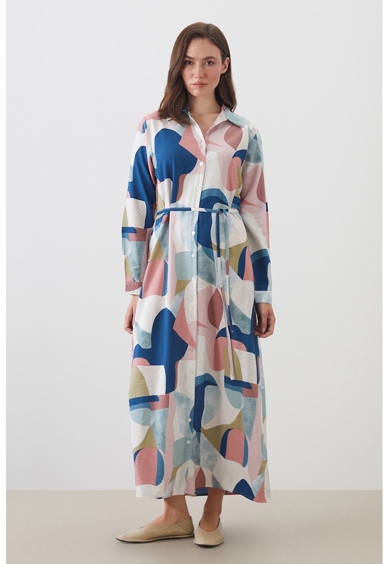 Rochie-camasa lunga cu model si cordon in talie