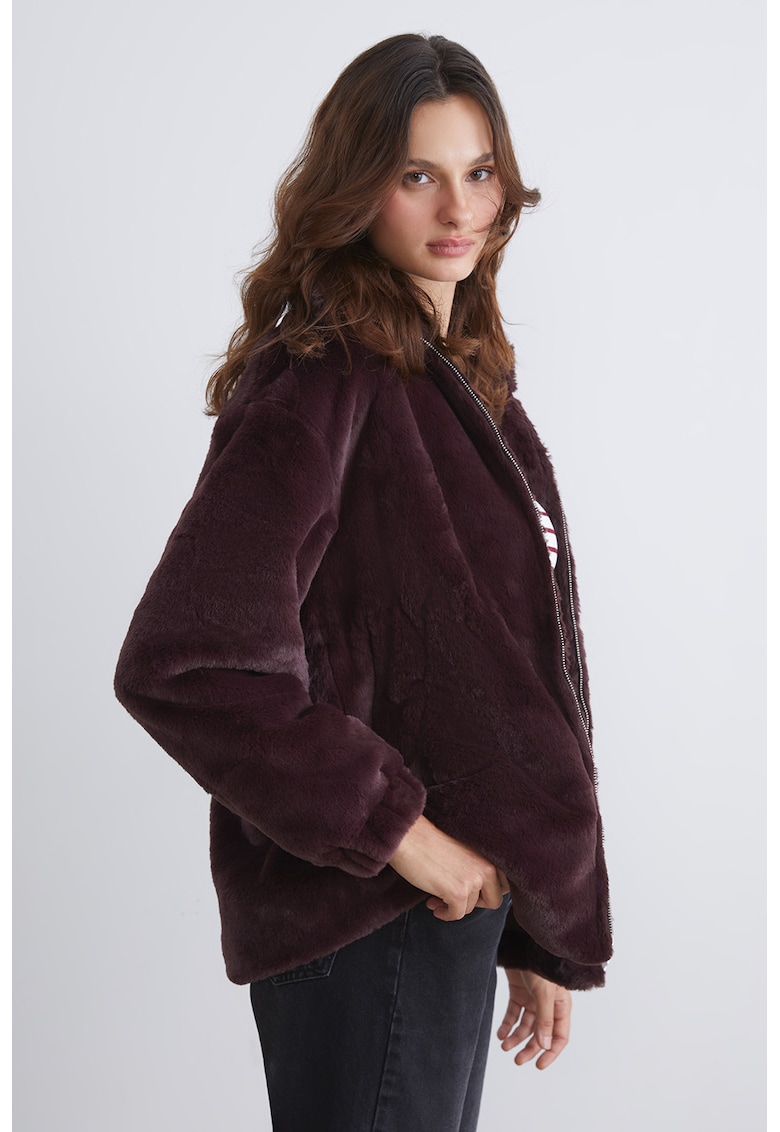 Haina scurta de blana sintetica si guler inalt - Mov inchis