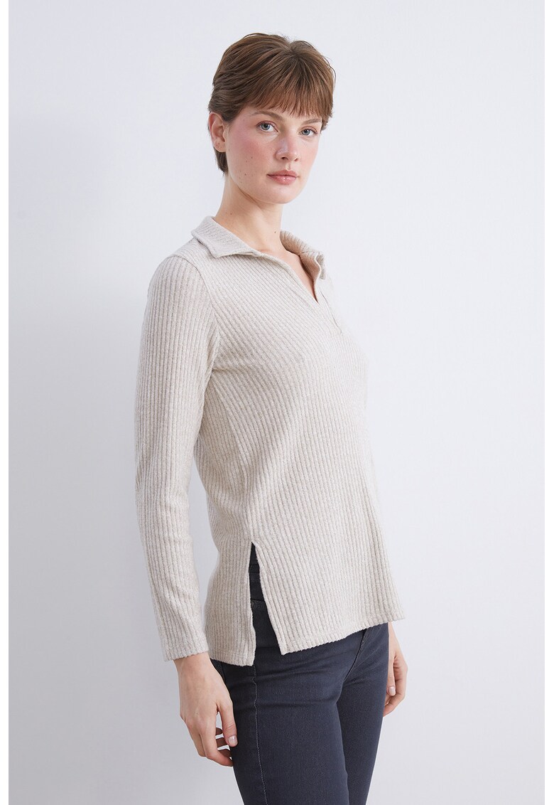 Pulover striat cu slituri laterale - Bej deschis