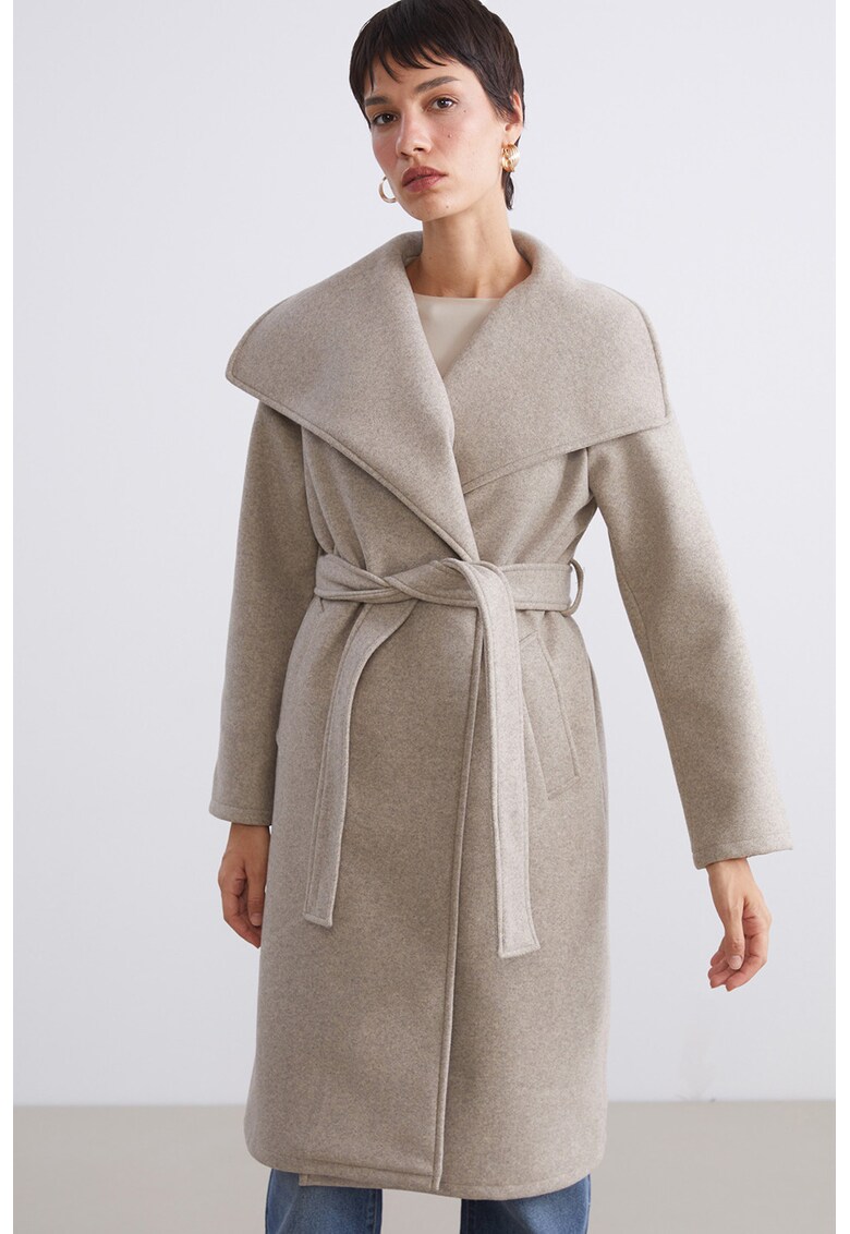 Palton cu revere late si inchidere cu cordon - Bej