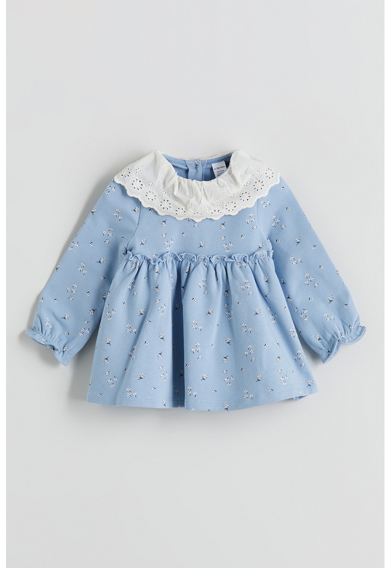 Rochie din amestec de bumbac cu model si guler cu broderie - Alb - Albastru pastel -