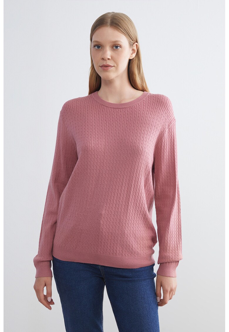 Pulover cu decolteu la baza gatului si model torsade - Roz prafuit