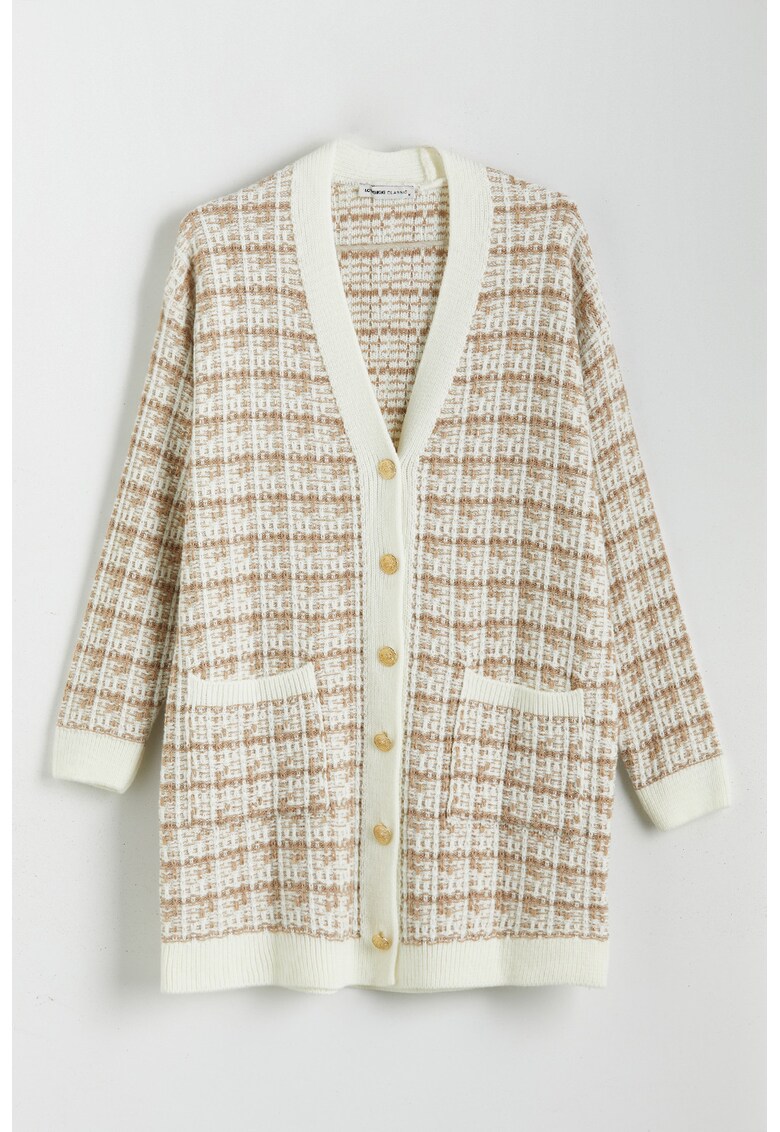 Cardigan in carouri cu buzunare - Caramel/Alb murdar