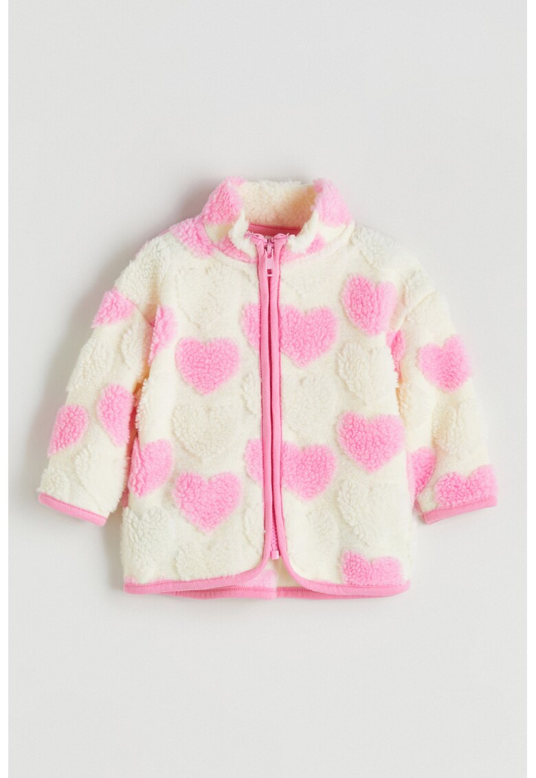 Bluza de trening din material teddy cu fermoar si imprimeu cu inimi