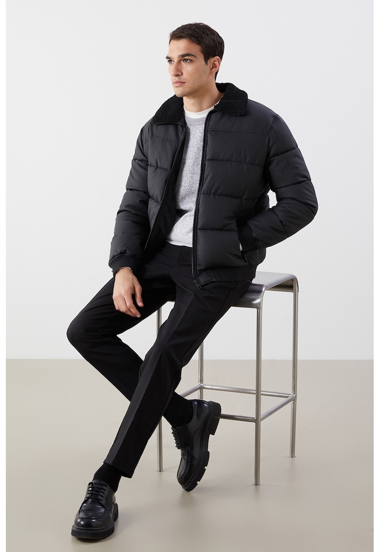 Geaca cu guler din material teddy - Negru