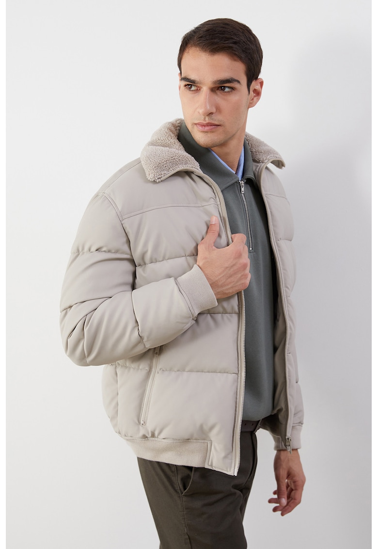 Geaca cu guler din material teddy - Grej