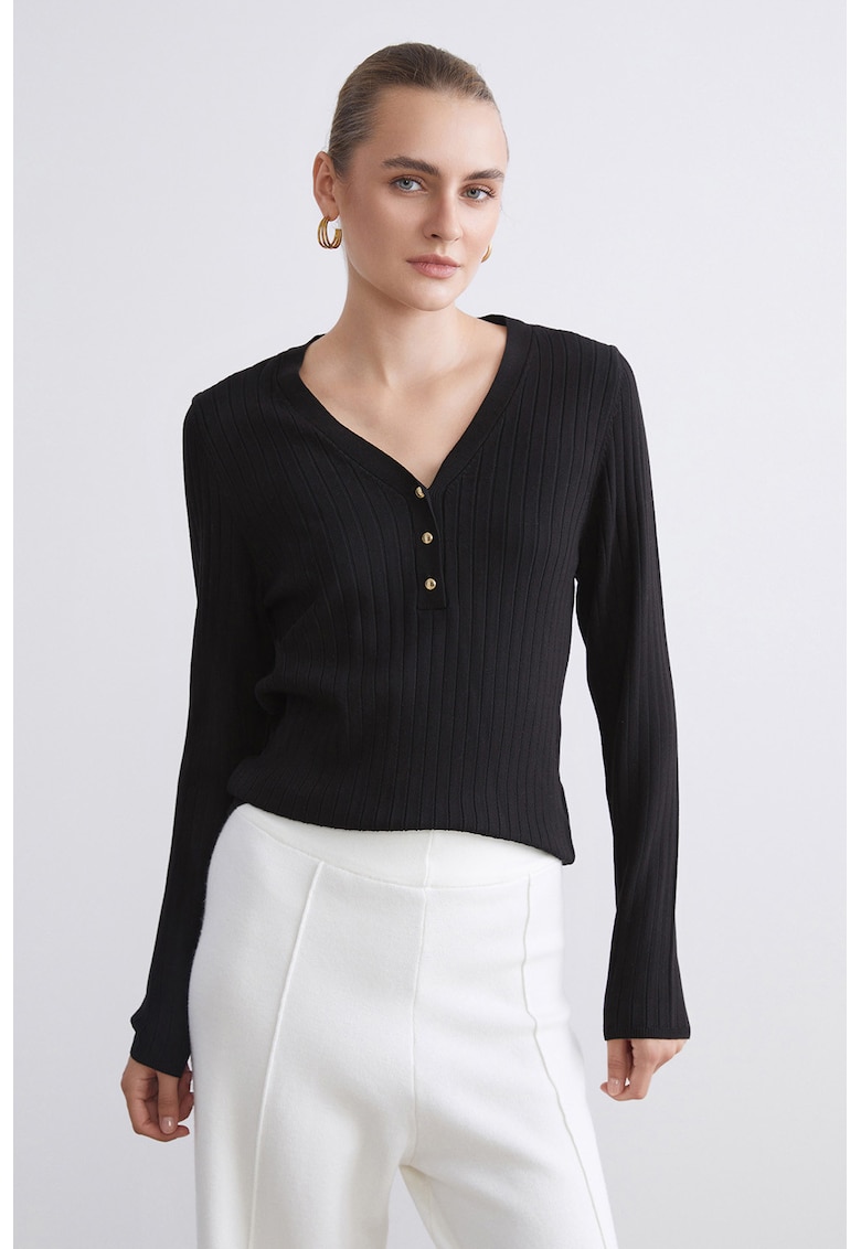 Pulover striat tricotat fin - Negru