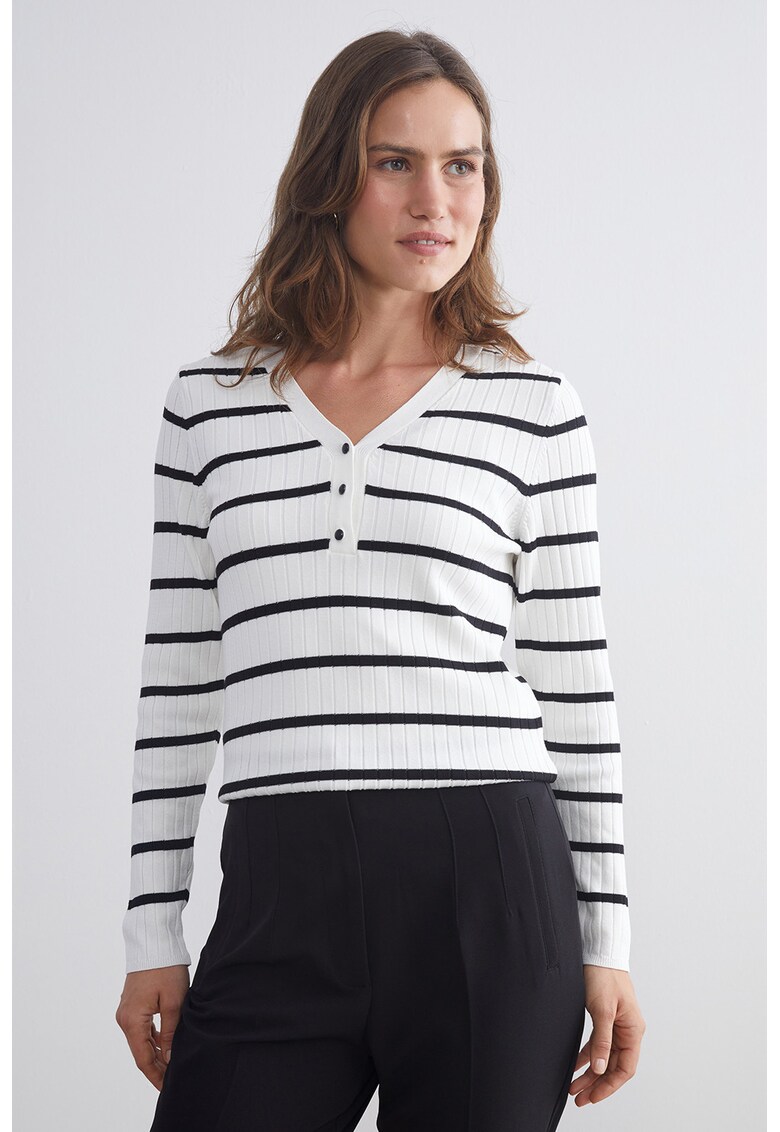 Pulover tricotat fin cu dungi - Alb/Negru