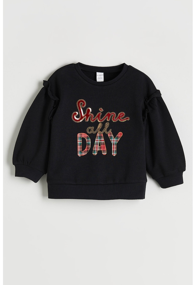 Pulover cu design grafic si decolteu la baza gatului - Negru