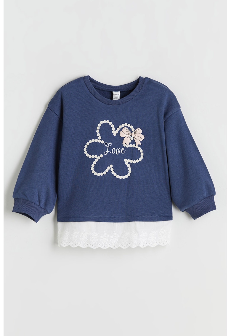 Pulover cu decolteu la baza gatului si design floral - Albastru