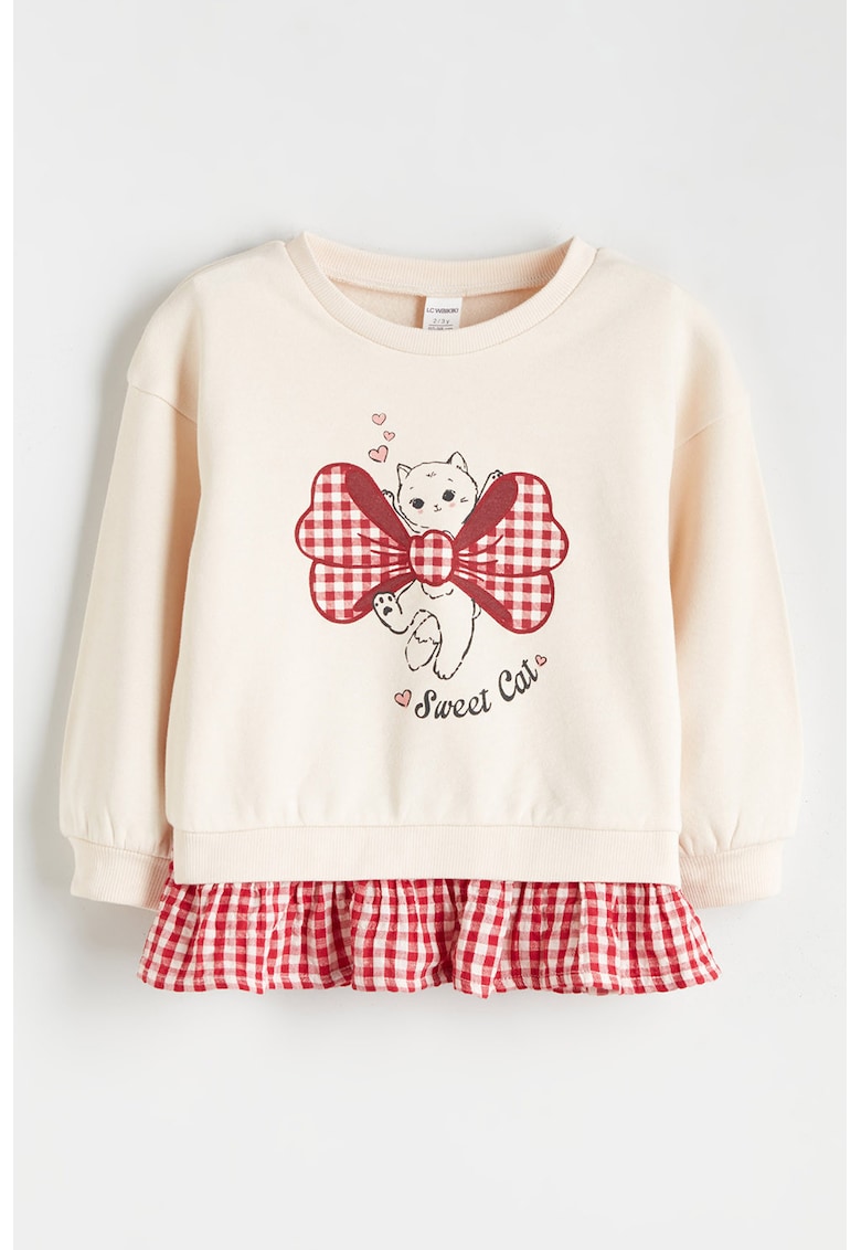 Bluza de trening cu garnitura cu volan si model in carouri - Rosu/Crem