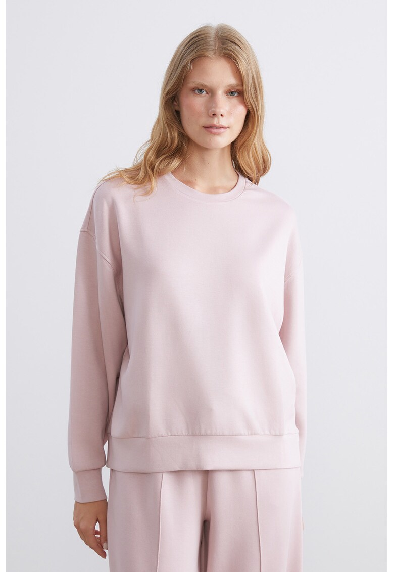 Bluza de trening cu decolteu la baza gatului si model uni - Roz pastel