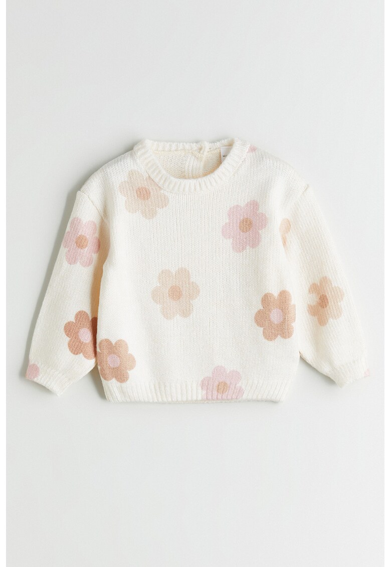 Pulover cu motive florale - Alb fildes/Roz pastel/Maro deschis