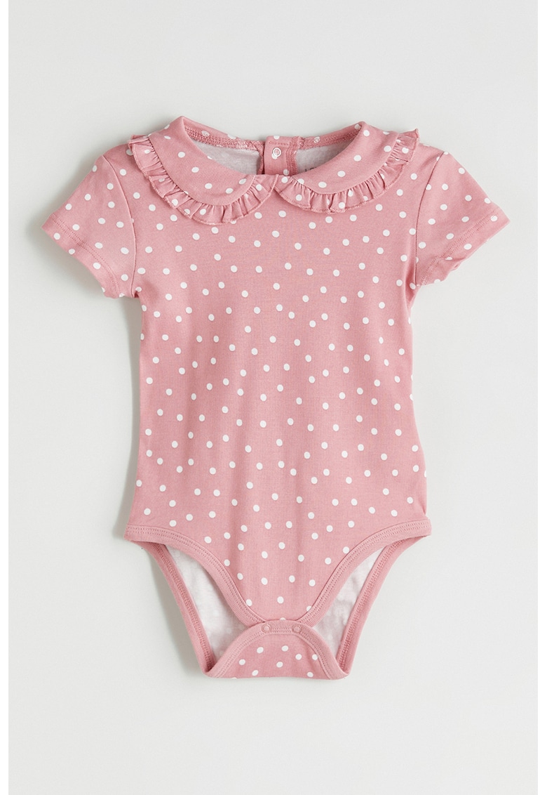 Body din bumbac cu guler cu volane - Alb/Roz prafuit
