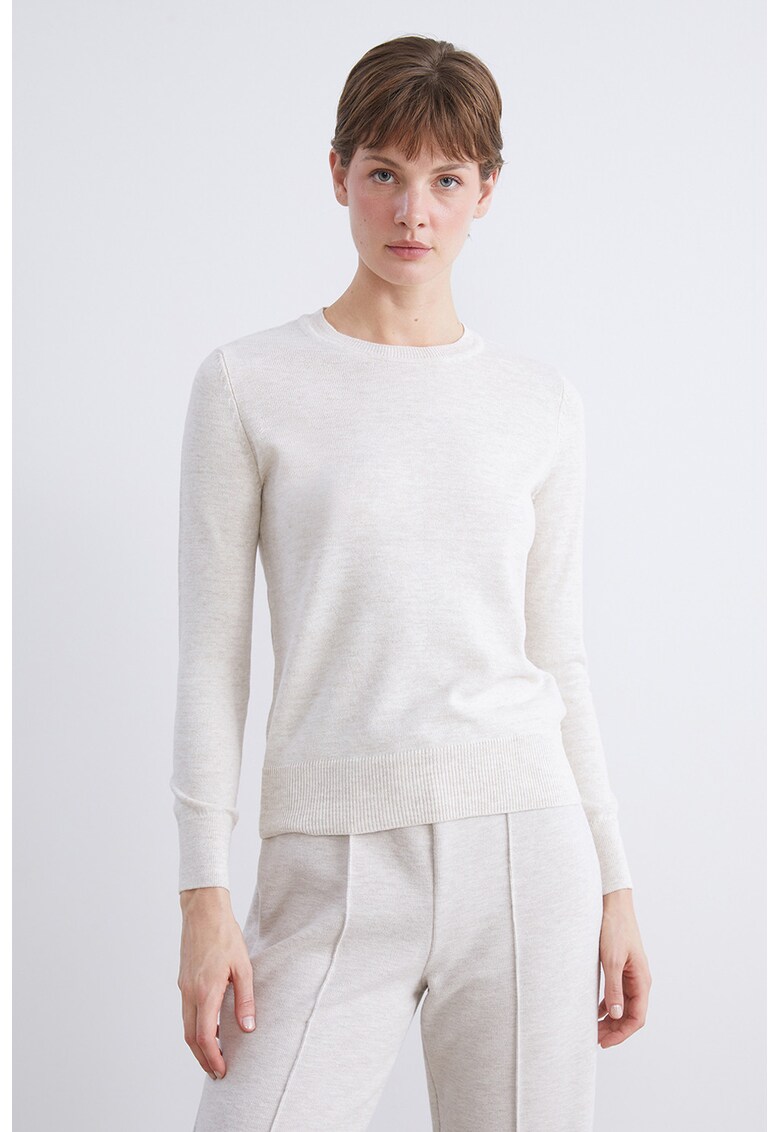 Pulover tricotat cu decolteu la baza gatului - Alb murdar